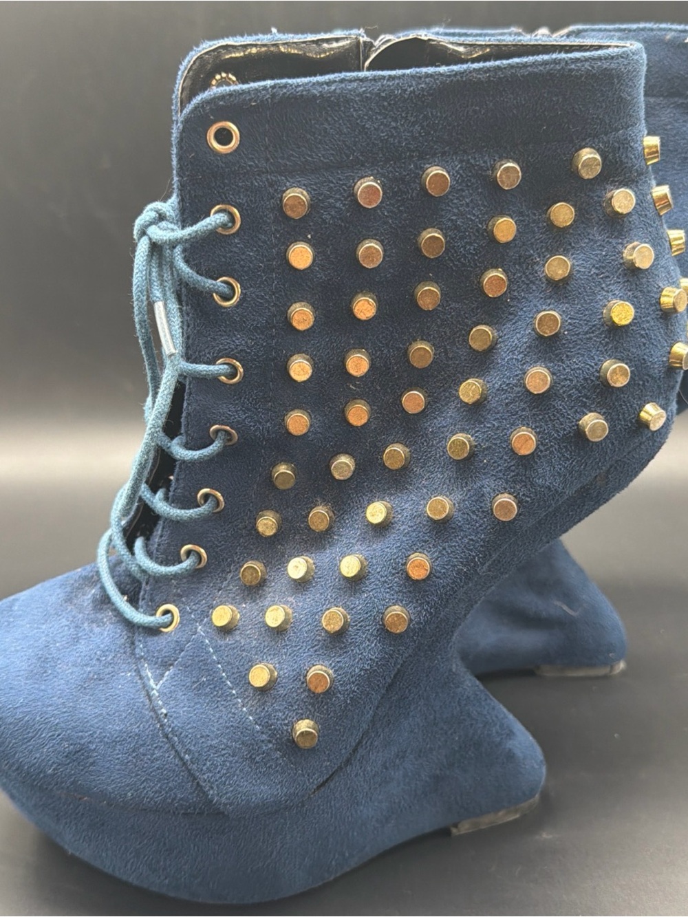 Navy Suede Studded Lace-Up Ankle Boots